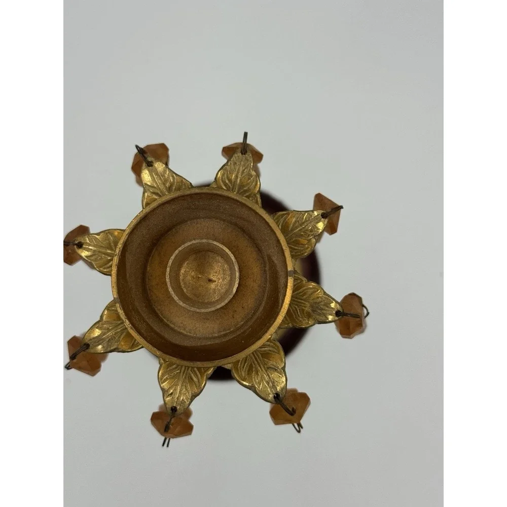 Vintage Heavy Gold Tone & Brown Candle Stick Holder With Orange Acrylic Prisms
